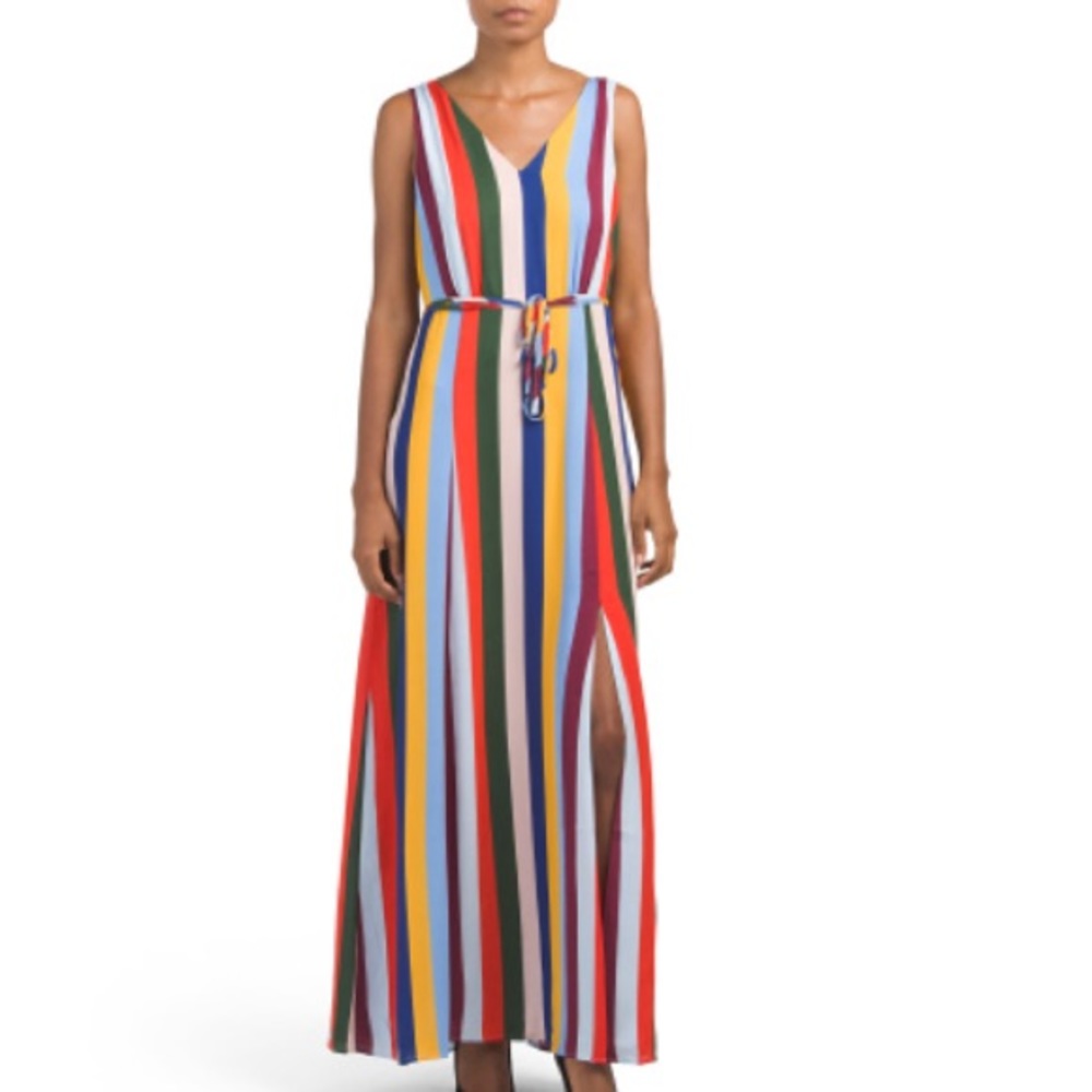 Amaryllis rainbow maxi dress w slit, size medium
